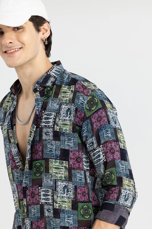 Image of SNITCH Nomadic Fish Spread Collar Printed Slim Fit Shirt Blue