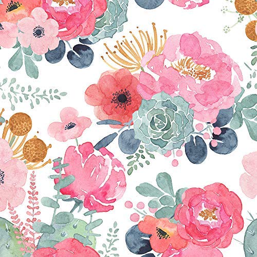 HAOKHOME Floral Wallpaper Peel and Stick Watercolor Cactus White/Pink/Green/Navy Blue Vinyl Self Adhesive Contact Paper Decorative 17.3in x 32.8ft
