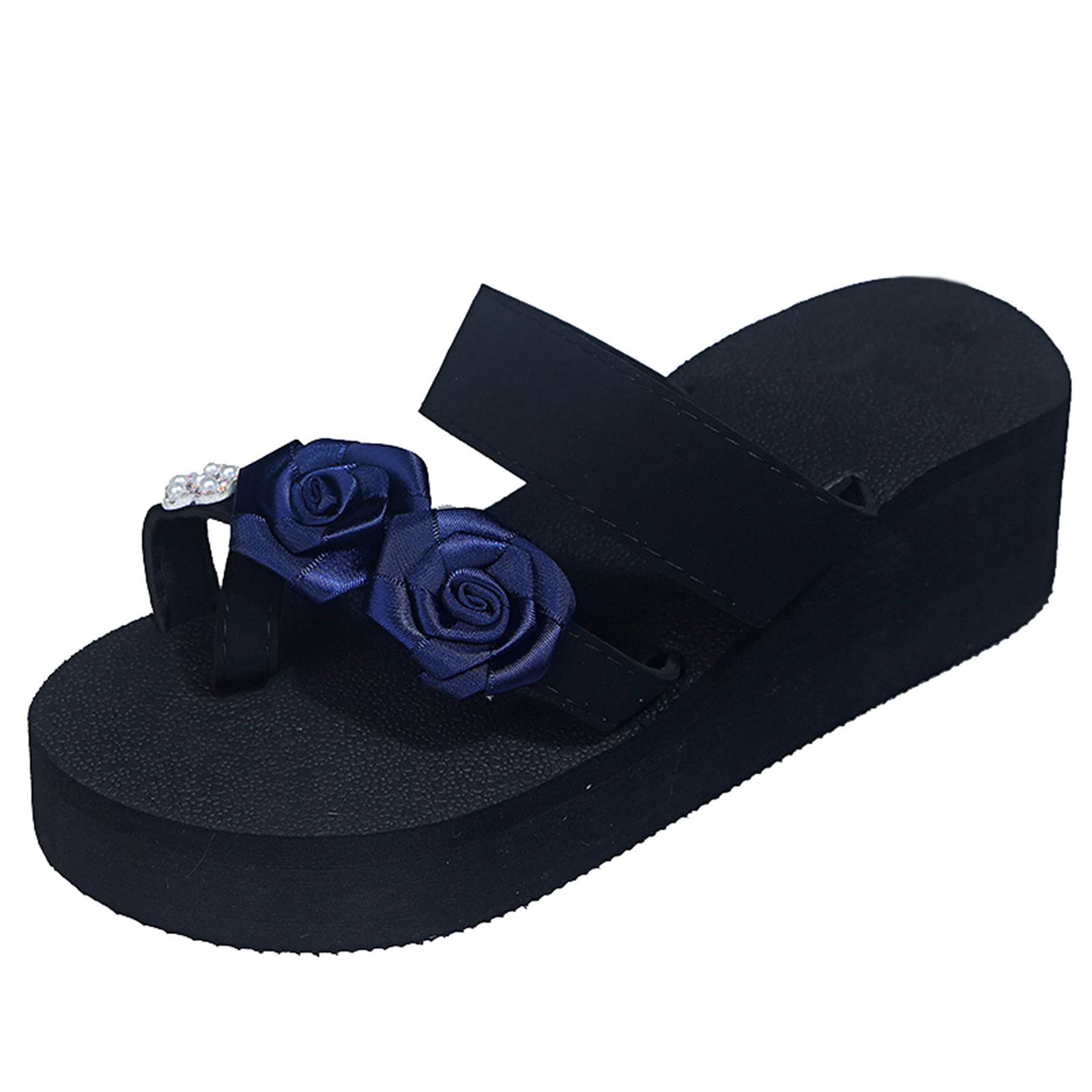 Womens Platform Wedge Flip Flop Athletic Walking Thong Slippers Beach Rhinestone Sandal Bridesmaid Dressy Shoes Dark Blue 8