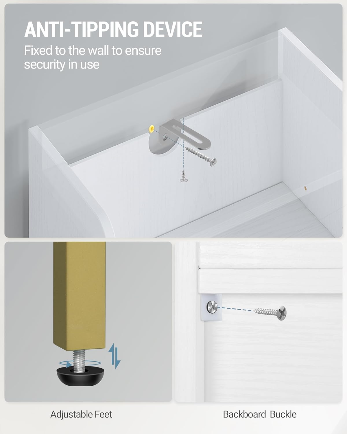 Image showing the anti-tipping device, adjustable feet, and backboard buckle for the cabinet.