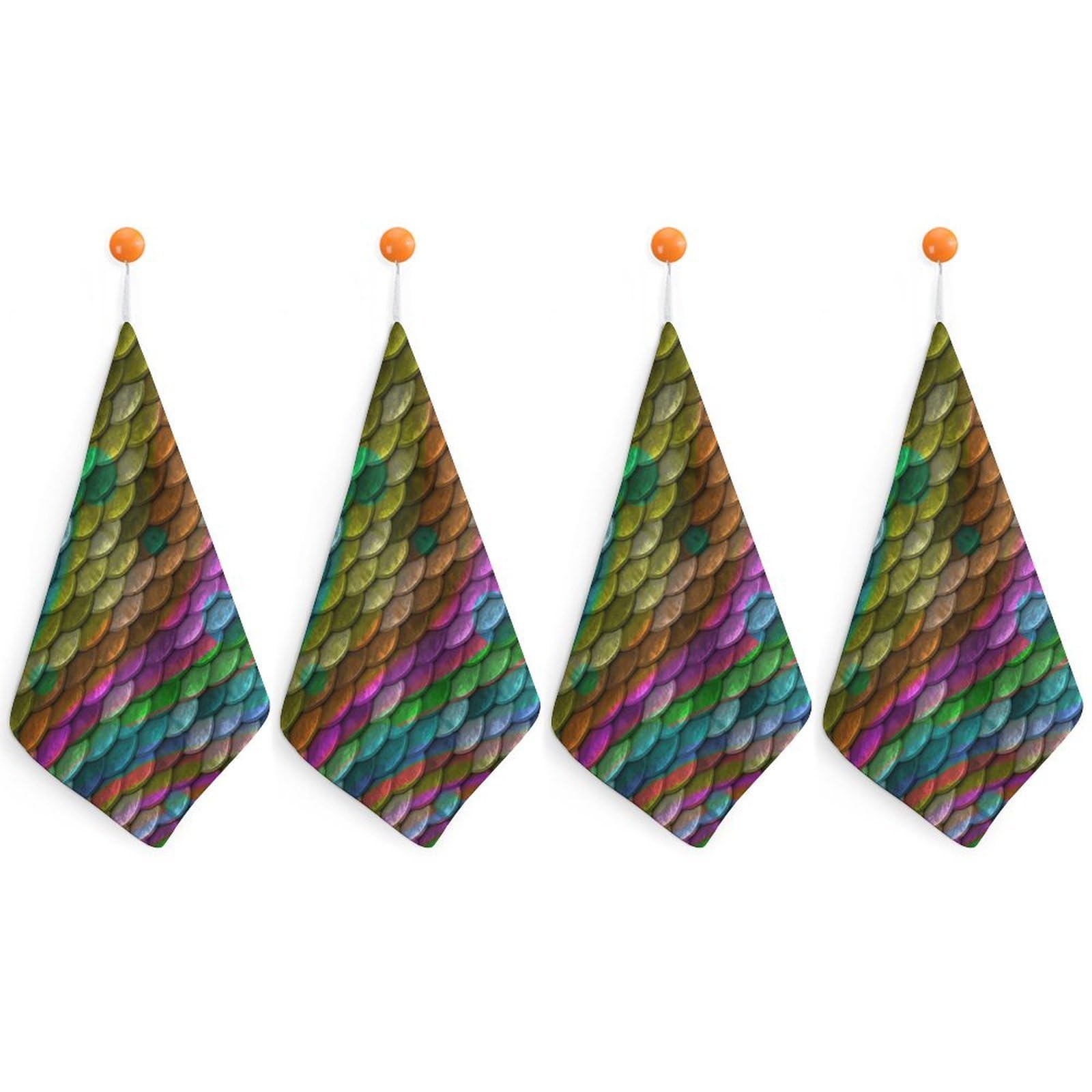 LEDFCVSU 4 Piece Hanging Hand Towels, Rainbow Fish Scales Small Dry Hand Towel for Kitchen Bathroom