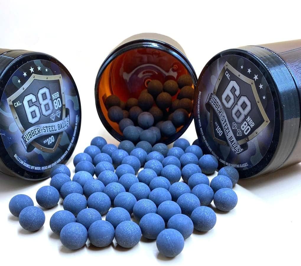 100 x Hard Mix Rubber Steel Balls for Home and Self Defense Pistols in .68 Cal. Billes Caoutchouc-Acier de Calibre 68