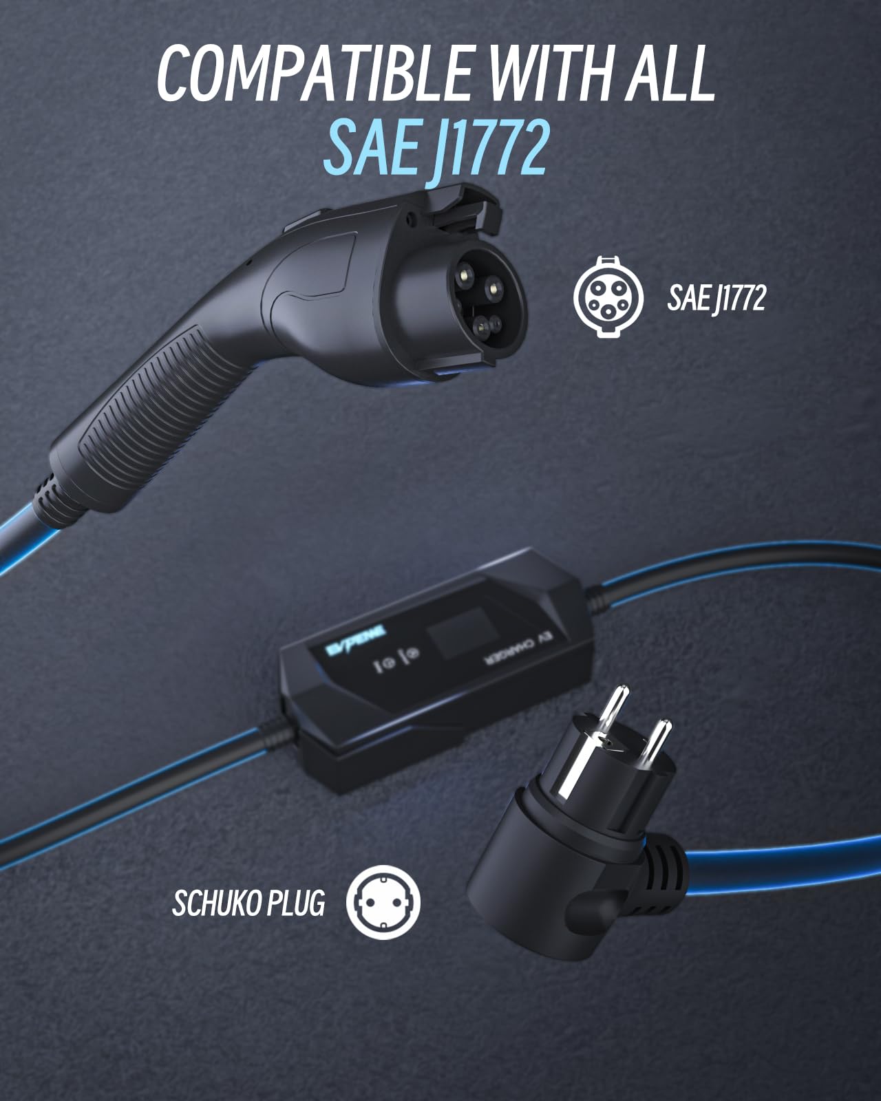 Chargeur VE Portable Type 1 Schuko 3.68kW 16A 5M - EVSE LCD Courant Réglable IP65 Avec Sac