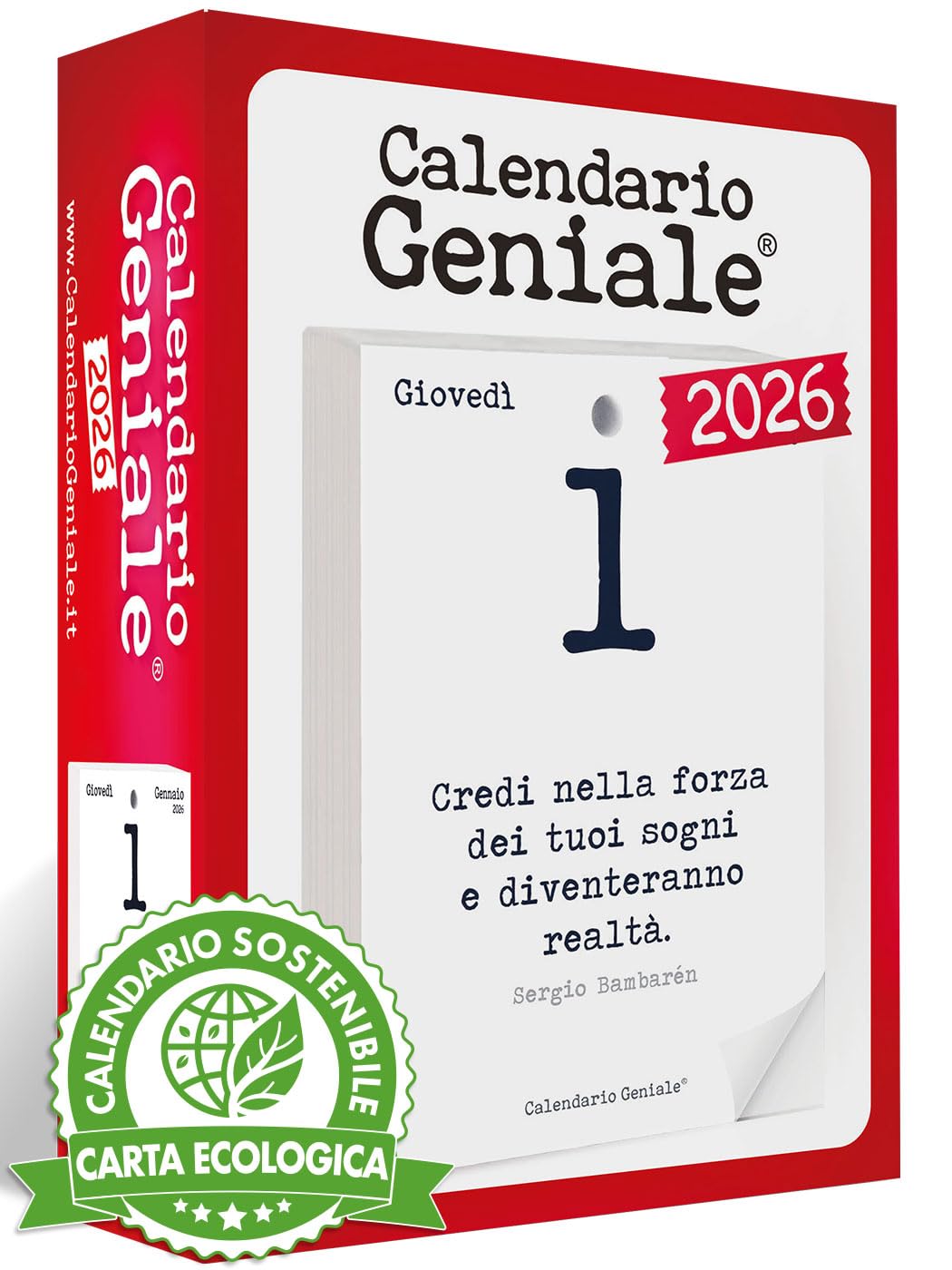 Calendario Geniale 2026. Il Primo e L’Originale. Idea Regalo Filosofico. Calendario Eco Sostenibile da tavolo con scatola regalo. Ogni giorno Frasi Filosofiche. Bonus digitali. Ricarica 10 x 14 cm.