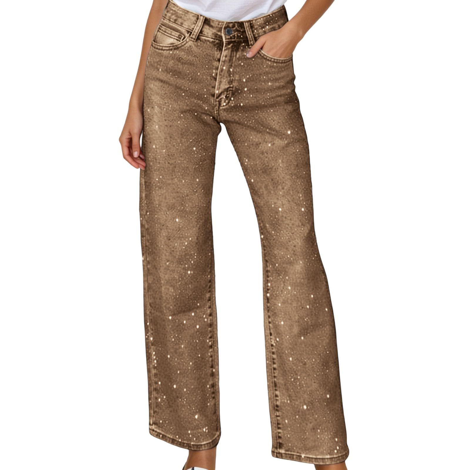 Glitzer Jeans Damen Baggy mit Strasssteinen Glänzend Jeanshose Hoher Taille Gerade Bein Pailetten Freizeithose Y2K Rhinestone Glitzerjeans Frauen Festlich Denim Pants Karneval Party Silvester Outfit