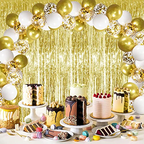 Image of 3Pcs Gold Metallic Tinsel Foil Fringe Curtains,3.28ft x 6.56ft Gold Photo Booth Backdrop Streamer Curtain,Photo Booth Props,Ideal Bachelorette Party Supplies, Birthday, Christmas,New Year Decorations
