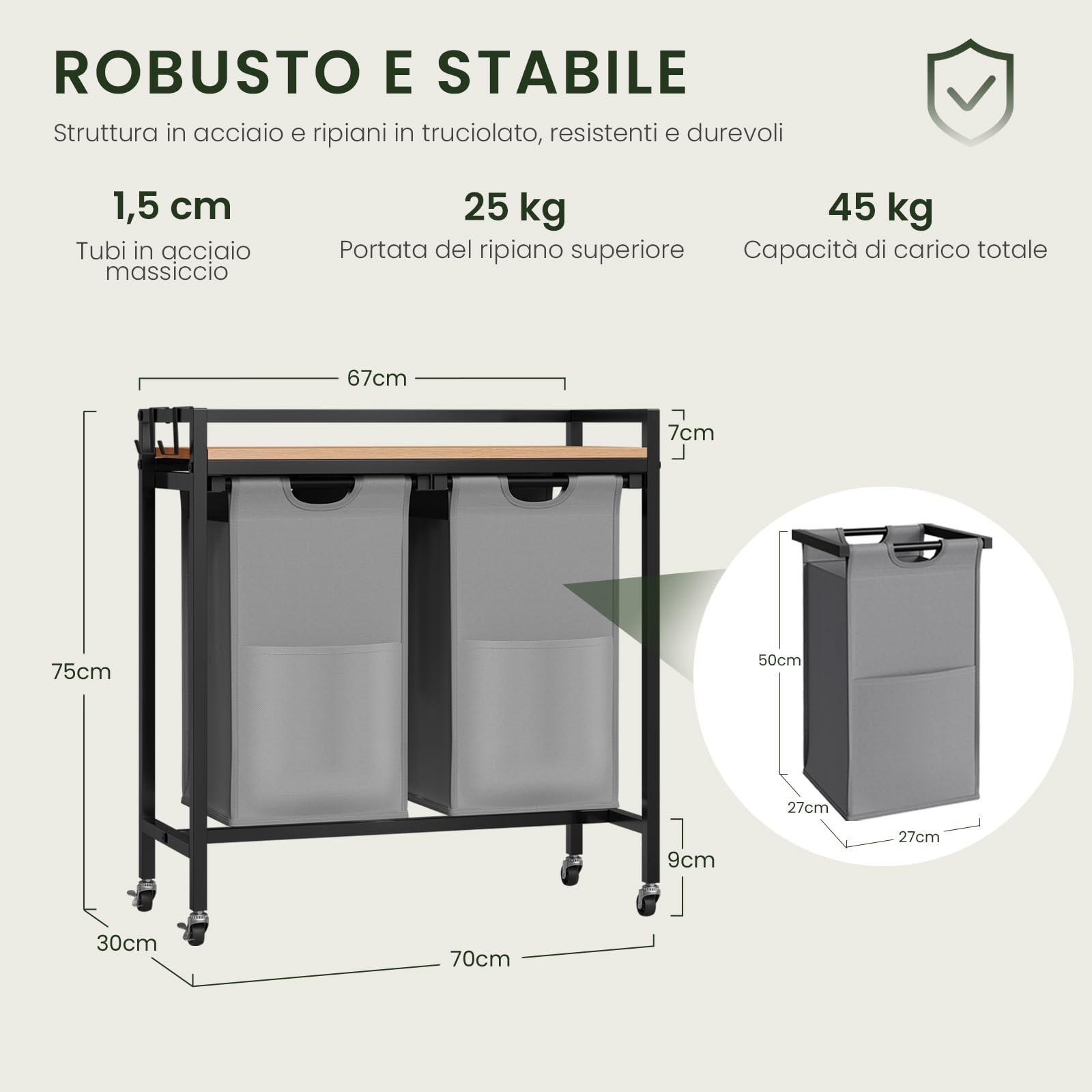 EUGAD Cesto Portabiancheria, 2 Sacchi in Tessuto Oxford Rimovibili, Porta Biancheria, Struttura in Metallo, per Bagno e Lavanderia, 70x30x71cm, Capacità 40L per Cesto