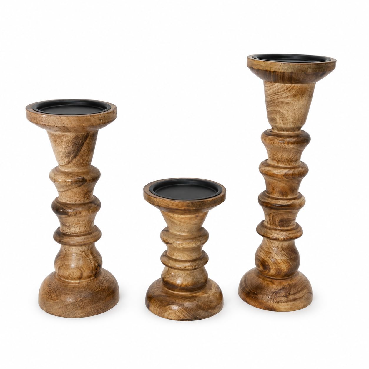 Wooden Pillar Candle Stand Set of 3 – Handcrafted Mango Wood Rustic Candle Holders for Home Décor, Dining Table Centerpiece & Wedding Decoration – Sizes 30×10cm,25 * 10 cm &15×10cm-image-14