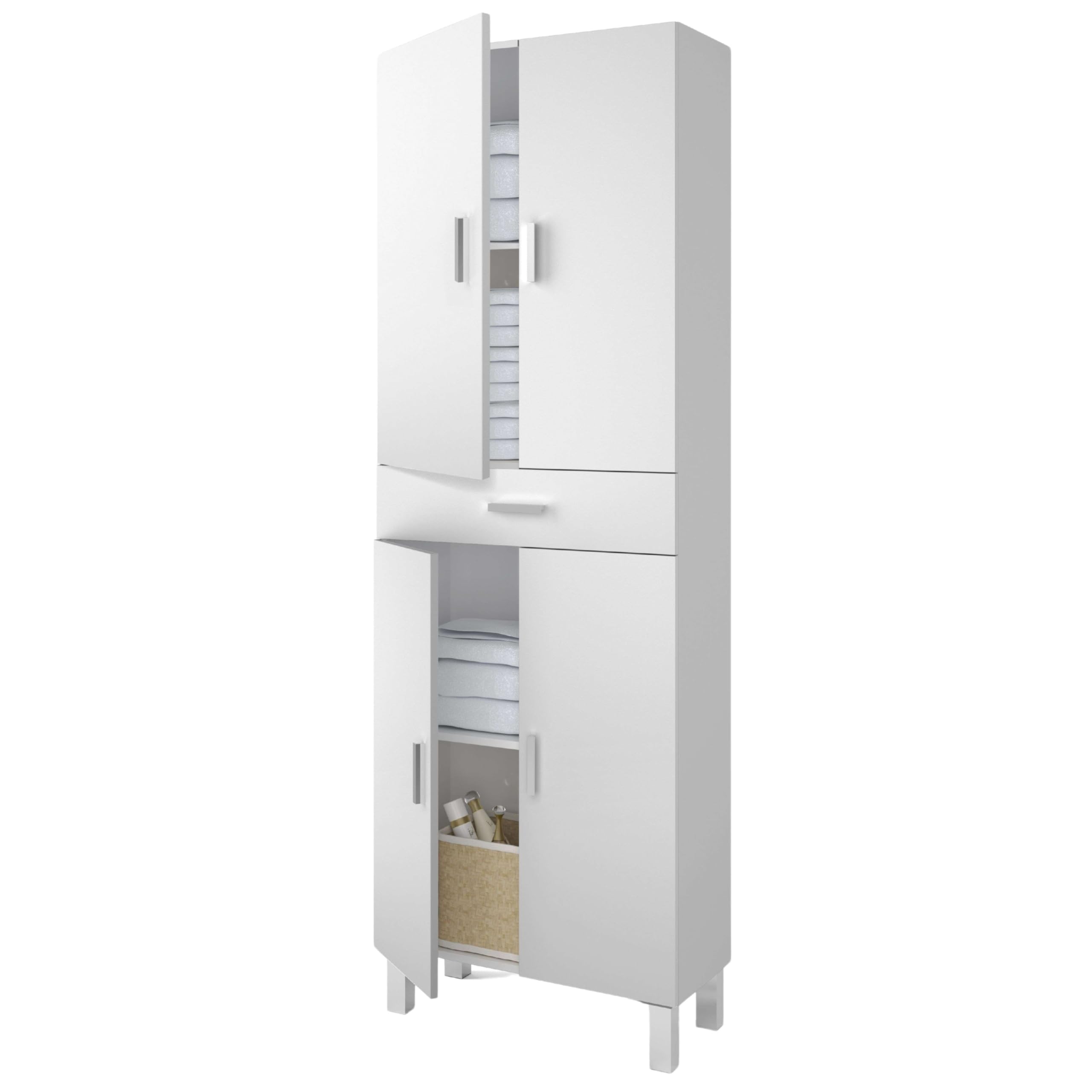 Miroytengo Mueble Auxiliar de Baño Galatea Blanco Brillo 60x182 cm Columna de Baño 4 Puertas, 1 Cajón y Estantes Regulables