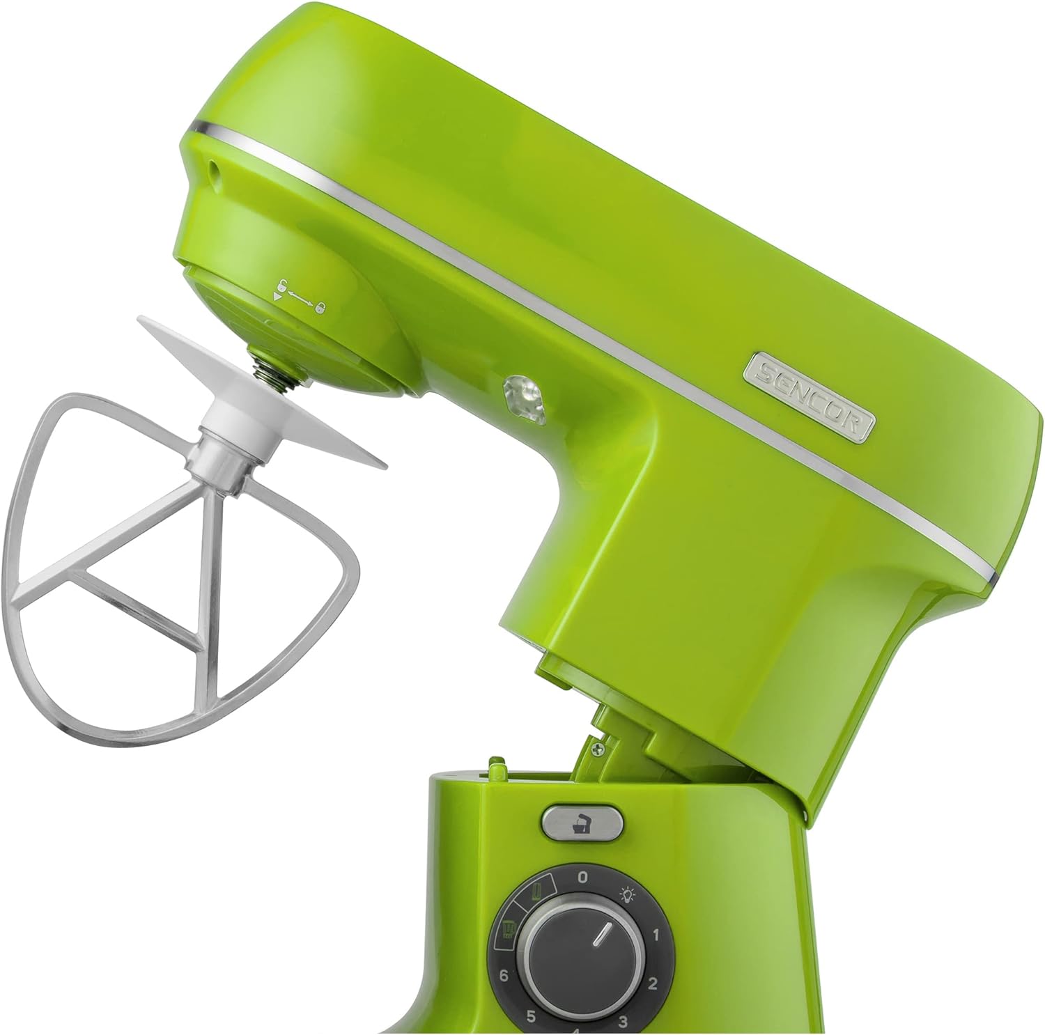 Sencor STM 3751GR-EUE3 Food Processor with tilt head raised and flat beater attached