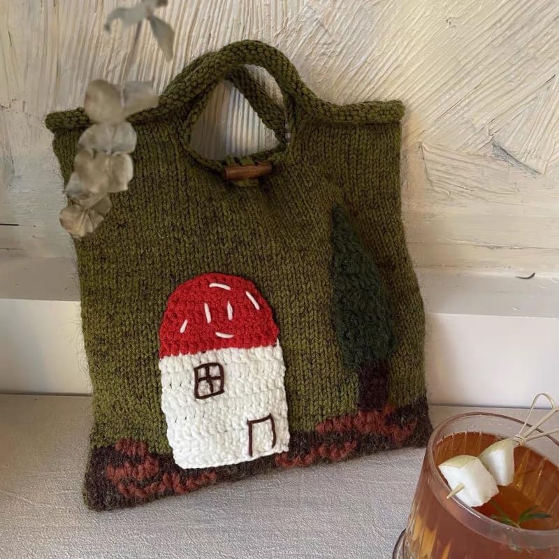 Bolso de mano de lana retro inspirado en el bosque, bolso de mano de punto suave con bordado, color verde oliva, casual, para mujer