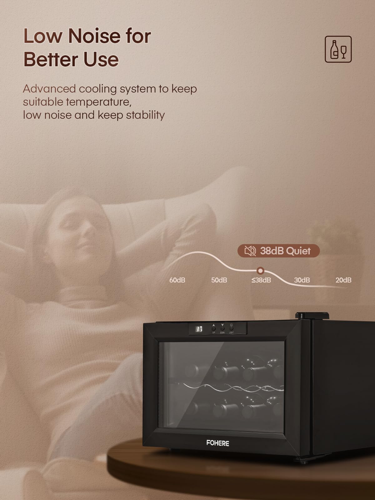 FOHERE Lodówka na 8 butelek, 22 litry, stołowa lodówka na wino ze szklanymi drzwiami, LED + cyfrowy wyświetlacz, lodówka na napoje, 8-18 °C, pojedyncza strefa