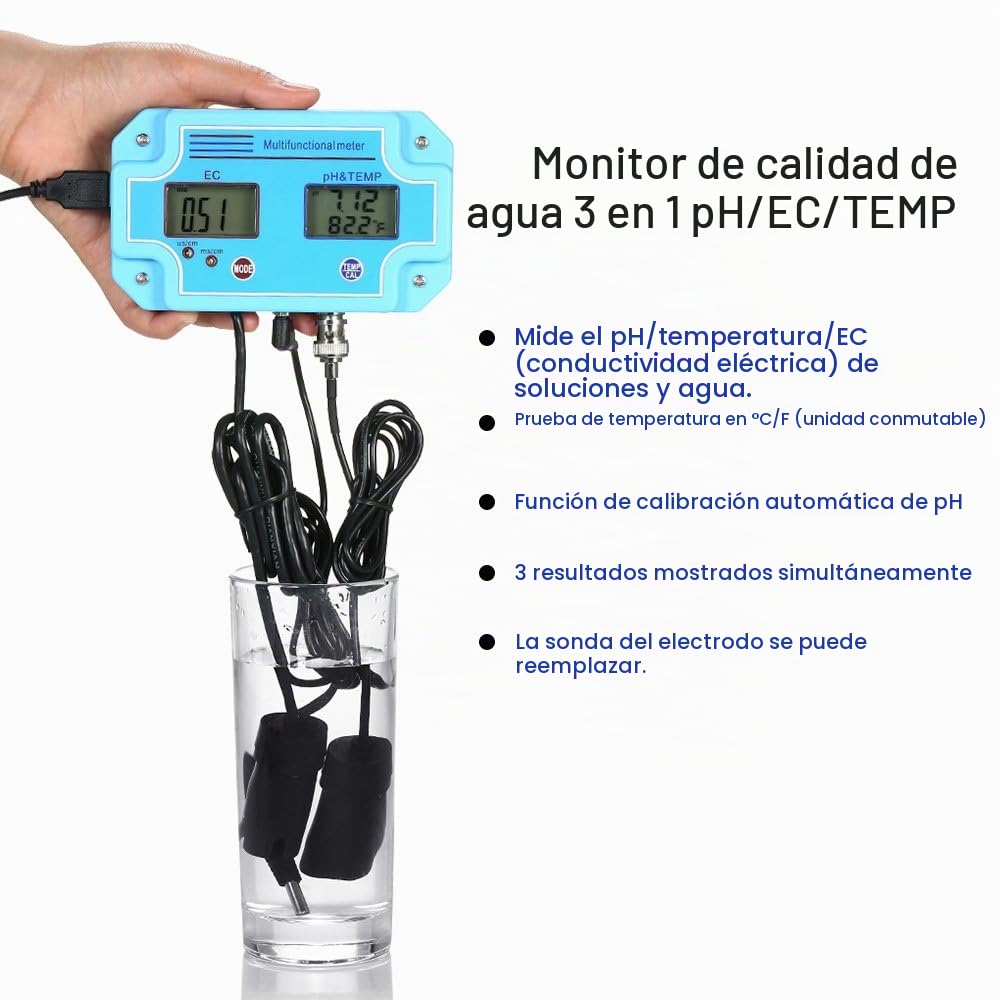 Irfora Profesional 3 en 1 medidor de Agua pH/EC/Temp Detector de Agua multiparámetro LCD Digital Tri-Meter Monitor de Calidad de Agua multifunción Medidor de Calidad de Agua multiparamétrica