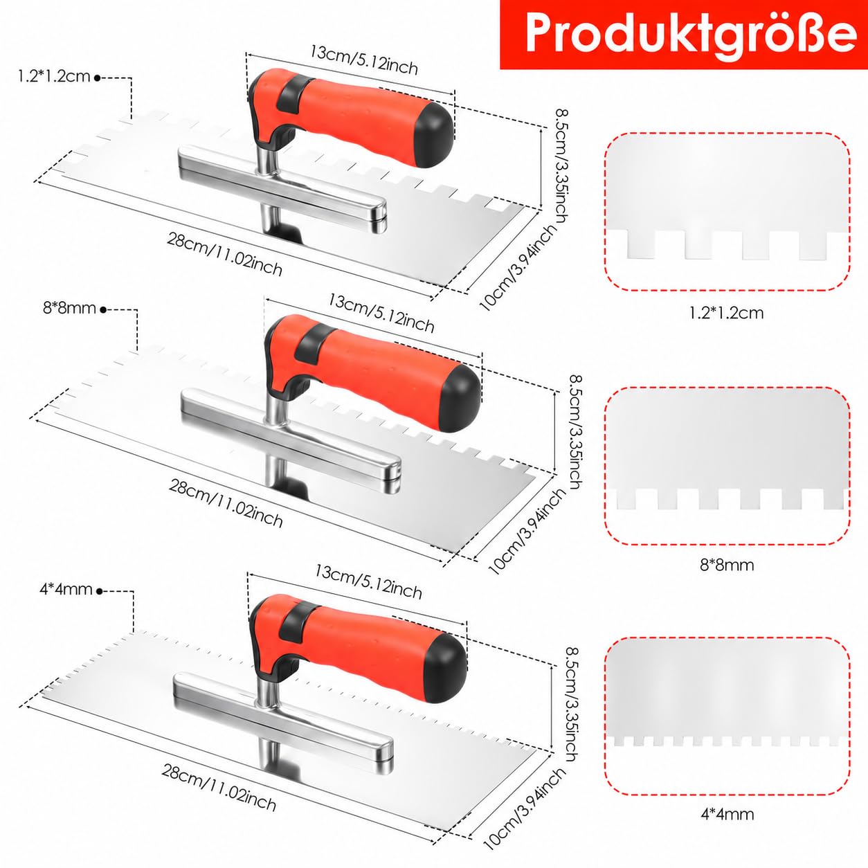 3-teiliges Zahnkellen Set 4x4 8x8 12x12mm Glättekelle Edelstahl Zahnspachtel Fliesenspachtel mit Softgriff, Zahnglättekelle zum Verlegen von Fliesen, Betonnivellierung und Zementreparatur
