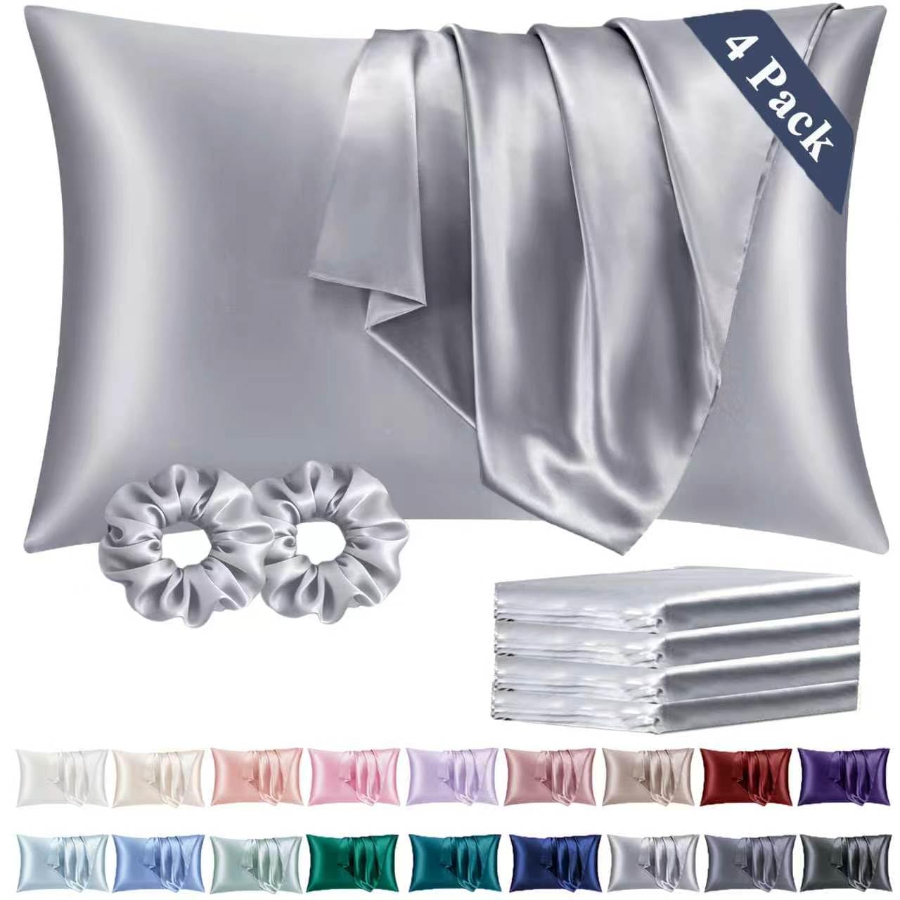 Vielit Standard Satin Pillowcase for Hair 4 Pack, Similar to Silk Pillow Cases, Easier Care Than Silk Pillowcase, Gifts for Women Men - Grey, 20x26 & Envelope Closure and 2 Satin Scrunchies — image 1