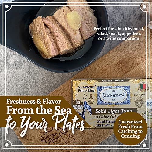 Image of Santo Amaro - Artisanal Wild Tuna Fillets in Olive Oil & Ginger, Pole & Line Wild Caught Tuna from Portugal, Hand-Packed Bali-Style Canned Tuna Fish, 22g Protein, Paleo, Keto, Low Mercury, Pack of 6