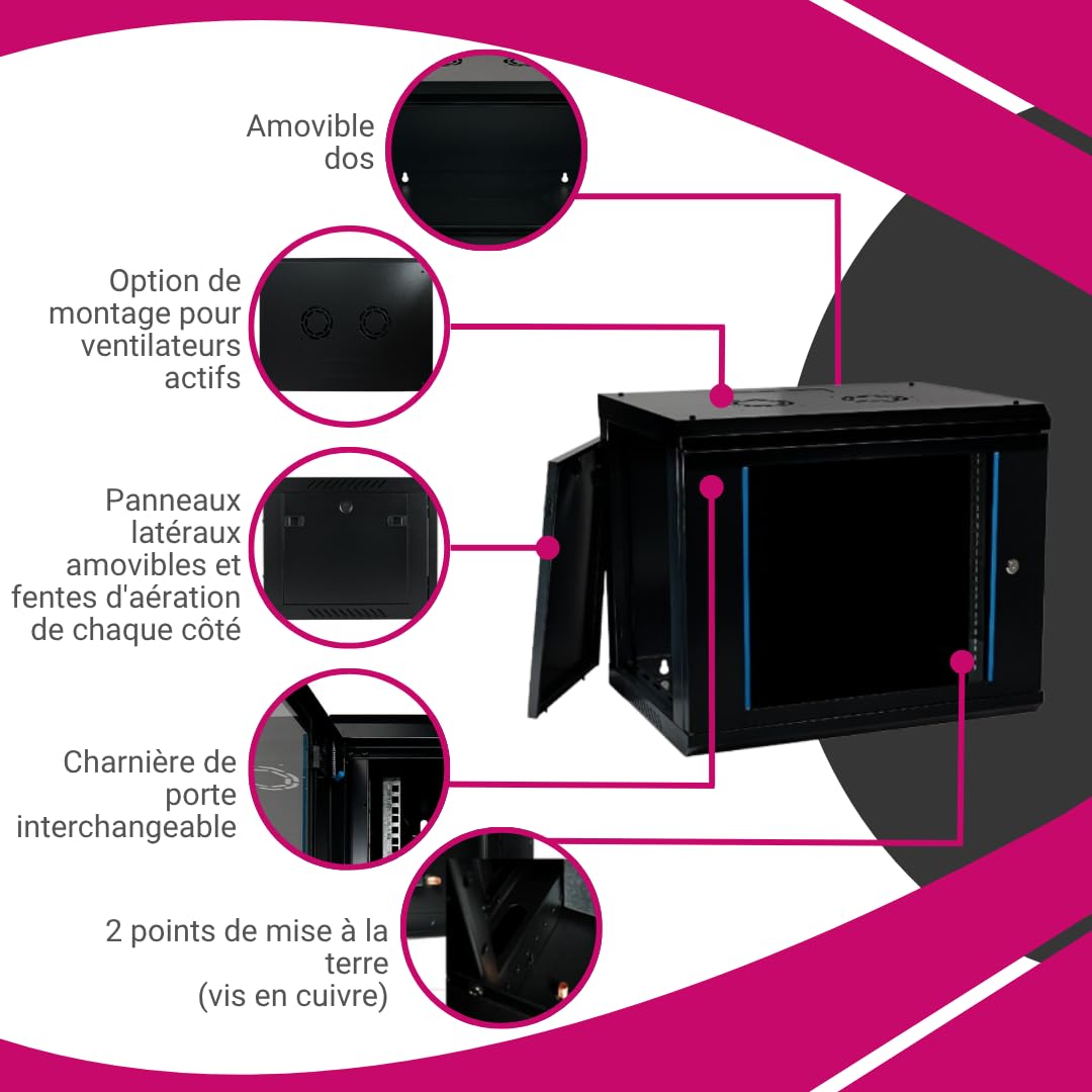 Baie Murale 9U | Baie de Brassage 19 Pouces | Montage Mural | 450mm de Profondeur | 600x450x503 mm | Préassemblée | Porte en Verre Sécurisée avec Serrure | Charge Maximale 100kg (Noir (RAL 9005), 9U)