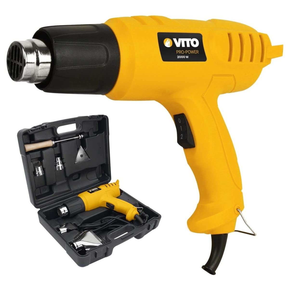 Pistola de calor Vito 2000 W + maletín 5 accesorios – 2 temperatures y caudal de aire elegir