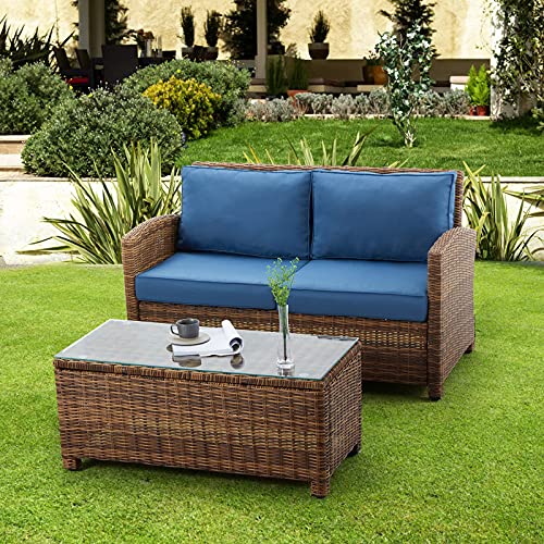 ECOTOUGE 2-Seat Patio Loveseat with Skin-Friendly Couch Cushions for Outdoor,All- Weather Wicker Sofa for Lawn(Brown)