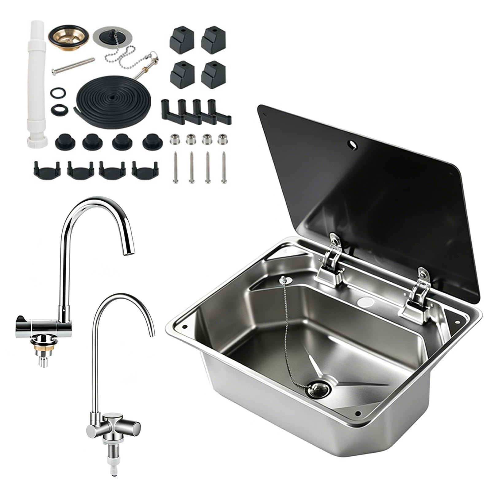 Fregadero de Cocina para Autocaravana con Tapa, Fregadero de Acero Inoxidable 304 para Montaje Bajo Encimera con 2 Grifos Plegables para Barco, Yate, Remolque, Cocina Pequeña