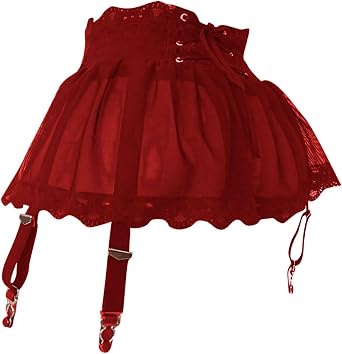 ROSVAJFY Womens Sexy Mesh Lace Mini Skirt with Metal Clips Garter Belt and Panties High Waist Cross Straps Short Dress