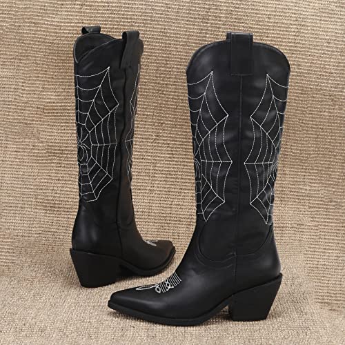 Women's Western Mid-Calf Boots Cowboy Embroidered Spider Web Boots Low Chunky Block Heel Knee High Gothic Boots Black，15 #TOP3