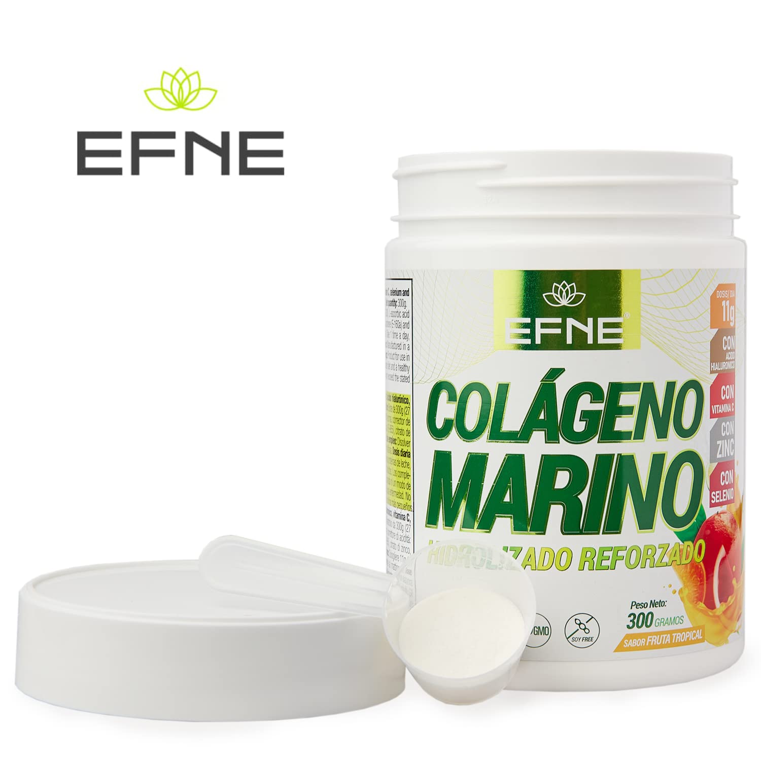 EFNE | Colágeno Marino Hidrolizado Reforzado en polvo + Acido hialurónico + Vitamina C + Zinc + Selenio | 300G | Sabor Frutas Tropicales | Piel, cabello, tendones, ligamentos | 100% natural