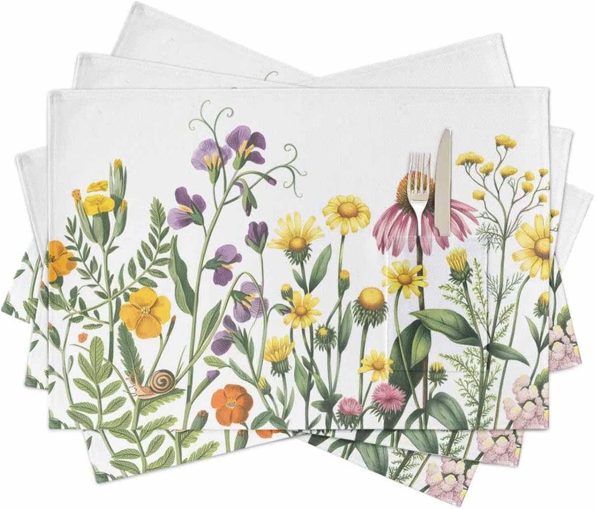 Spring Floral Placemats Set of 4, Woven Placemat Washable Wipeable Table Placemat with Pocket, Holiday Cloth Table Mat for Party Kichen Dinner Farmhouse Rustic Summer Flower