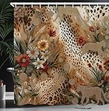 Ambesonne Cortina de ducha con estampado de leopardo, flores floreciendo en vibraciones otoñales, patrón salvaje y exótico, juego de decoración de baño de tela con ganchos, 69 pulgadas de ancho x 84