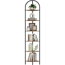 Homhedy 6-Tier Arched Corner Shelf Stand, Wall Corner Bookshelf with Metal Frame, Plant Stand, Industrial Storage Rack Shelf for Living Room, Bedroom, Office, Bathroom, Rustic Brown and Black