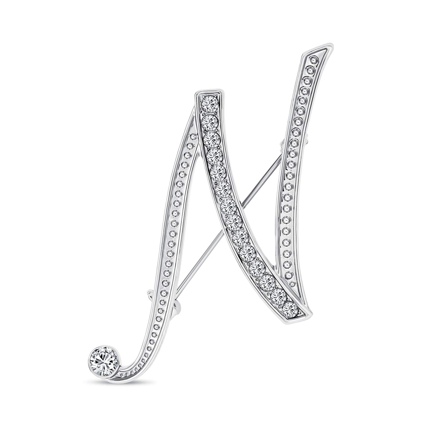Bling JewelryLarge Statement Abc Pave Crystal Cursive Script Monogram Letters Alphabet Initial N Scarf Lapel Pin Brooch For Women Silver Plated