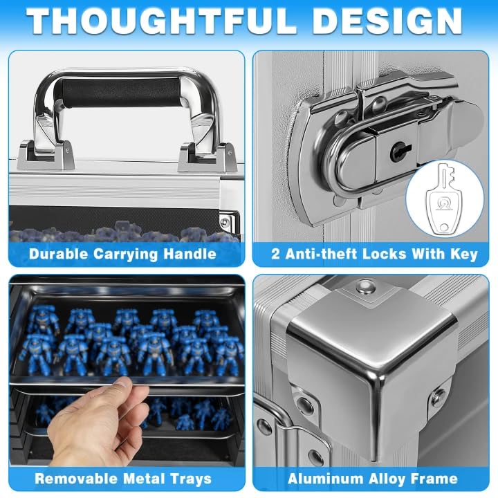 Image of ITHWIU Miniature Carrying Storage Case Aluminum Alloy Frame Transport Case, Miniatures Display Holder with 5 Magnetic Metal Tray, Silver(Medium Size)