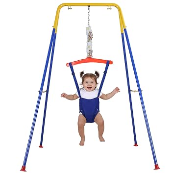 Baby Jumper with Stand Adjustable Chain, Indoor Outdoor Baby Jumper Play Set, Soft Breathable Cloth & Triangular Frame Secure, for Infants Up to 44lbs Blue