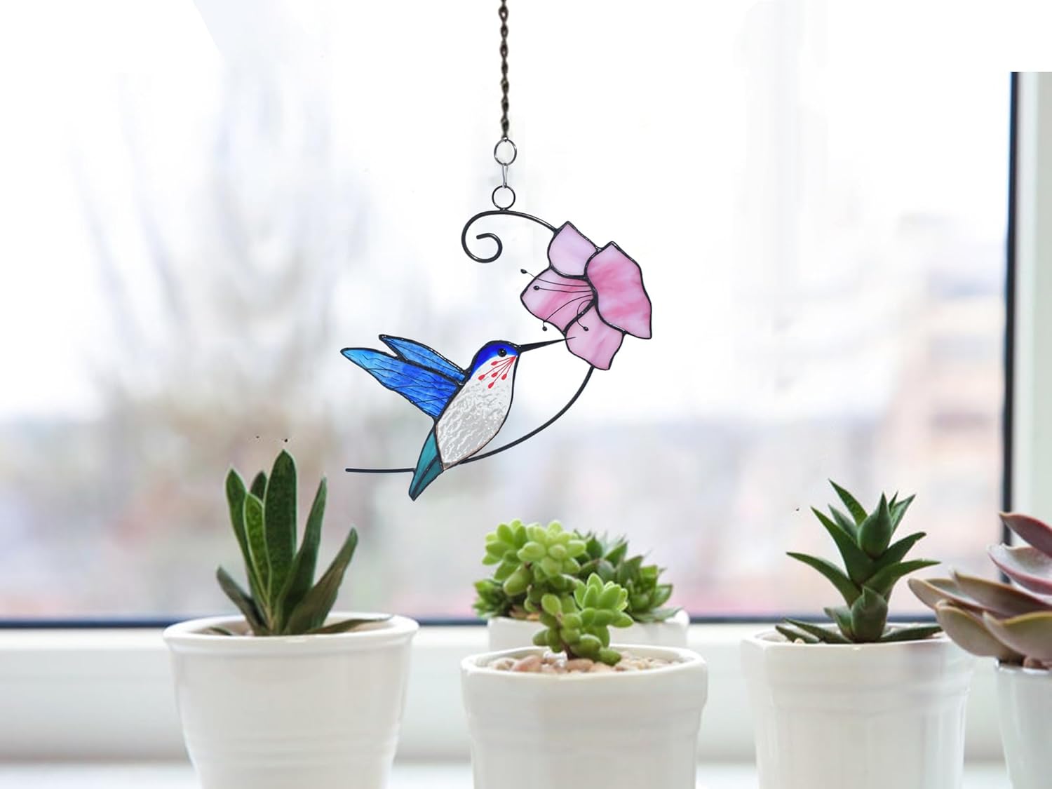 Lolitarcrafts Blue Hummingbirds with Flower and Bluebirds Stained Glass Window Hangings Suncathers for Window Hangings