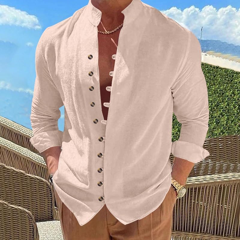 Men's Retro Casual Shirt - Long Sleeve Button Down Stand Collar Loose Fit Plain Shirt for Vacation Wear - Image 2