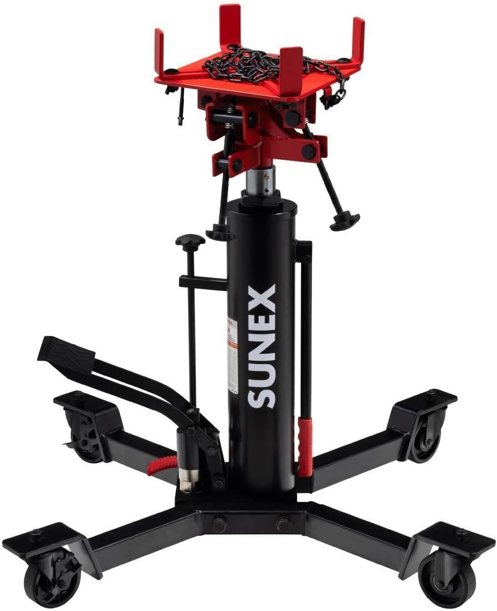 Sunex Tools 7793B 1,000 lb Telescopic Transmission Jack, Hydraulic, Foot Pump Operated, Tilt Saddle with Chain Tie-Down, 74.2 in Max Height
