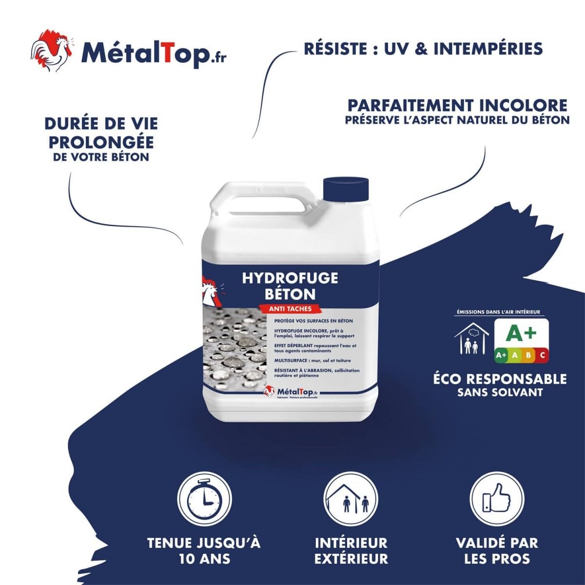 Métaltop - Hydrofuge Beton - 1 L - Pour une protection anti-humidité pour dalle, mur, terrasse et fondation