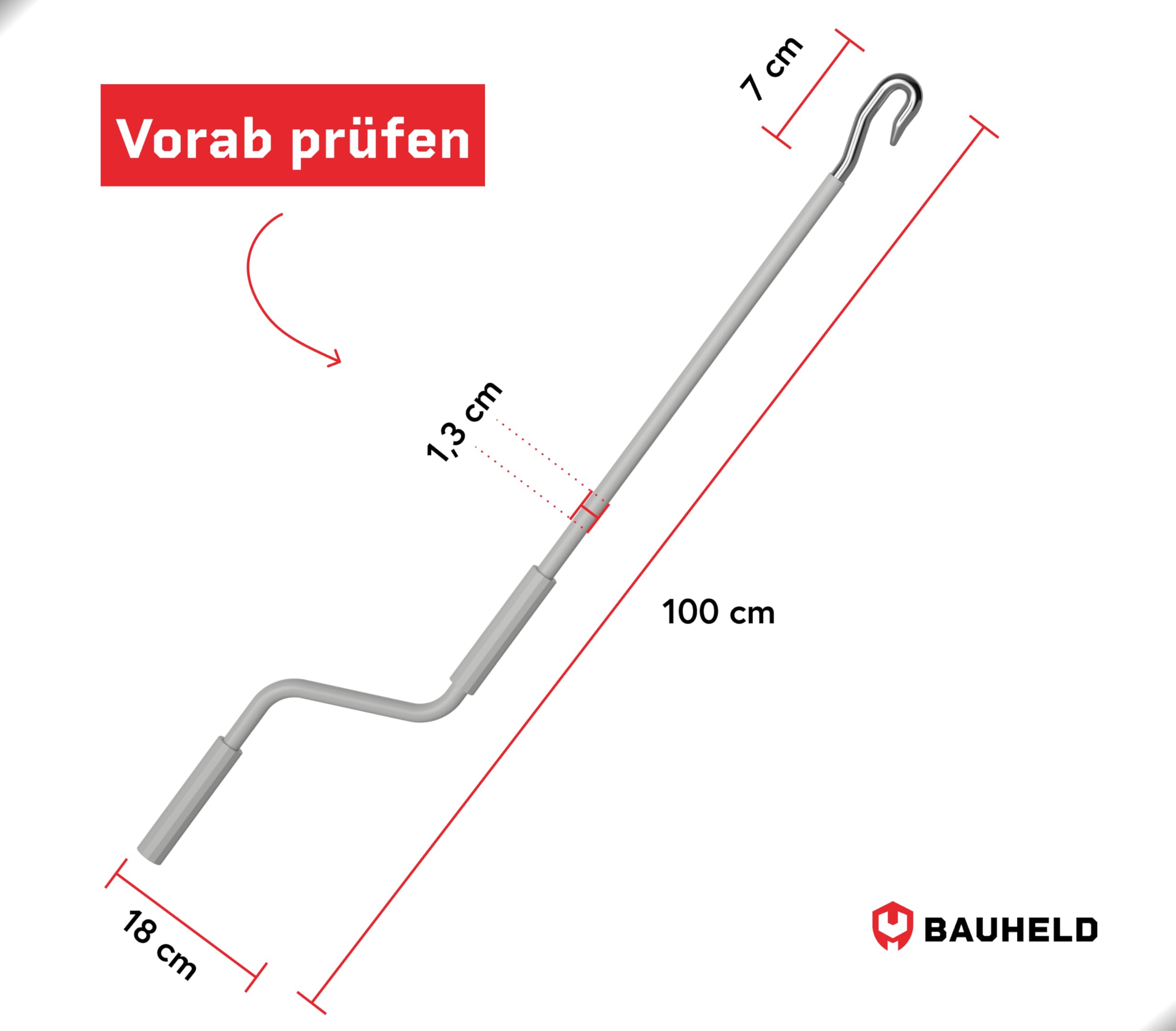 BAUHELD Markisenkurbel mit Fleischer-Haken 100cm - Made in Germany - Markisenstange aus verzinktem Stahl - Stabiler Handgriff aus Kunststoff - Hand-Kurbel kompatibel mit ovalen Markisen-Ösen - Grau
