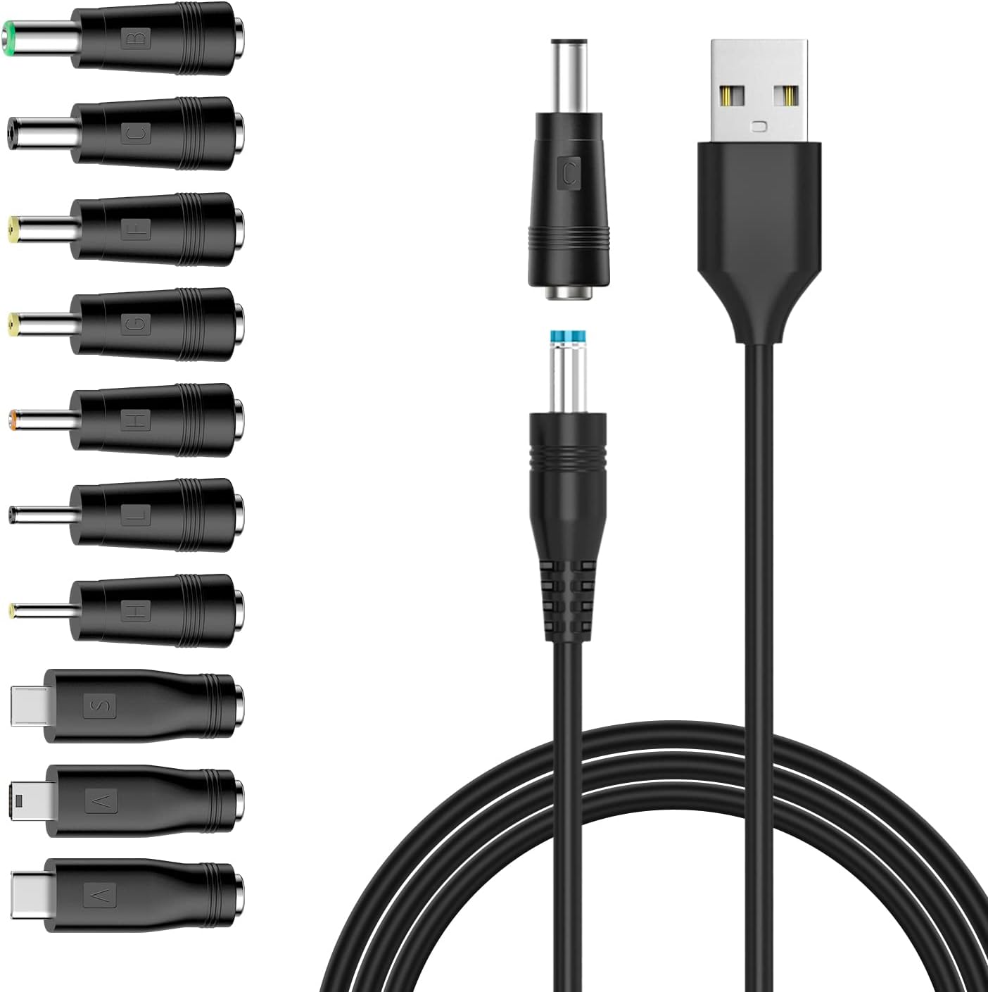 5V DC Power Cord, USB to DC Plug Charging Cord with 10 Adapter Plugs to Charge LED Pixel Light, USB-HUB, Mini Fan, Camera, Cartoon Watch, Mobile Phone