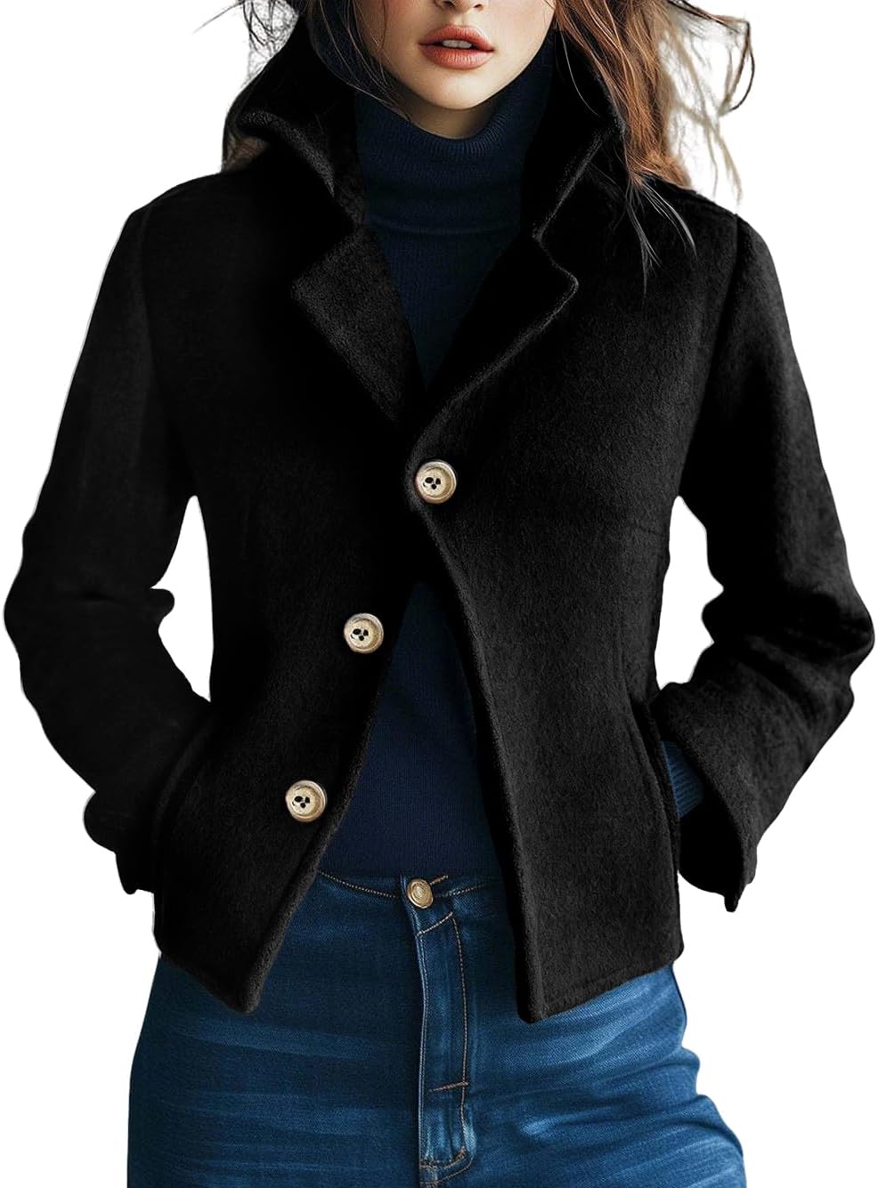 CHARTOU Women Short Plaid Wool Blend Jacket Crop Woo Blazer Pea Coat Crop Winter Outwear