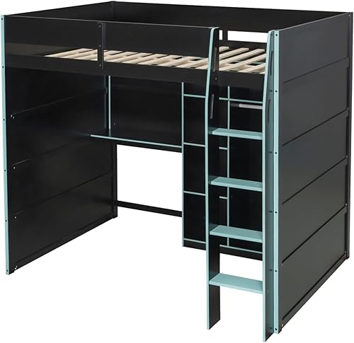 Miniatura 8 de Cama loft de madera para juegos de tamaño matrimonial con escritorio para computadora y luces RGB, cama para juegos, armario abierto integrado y