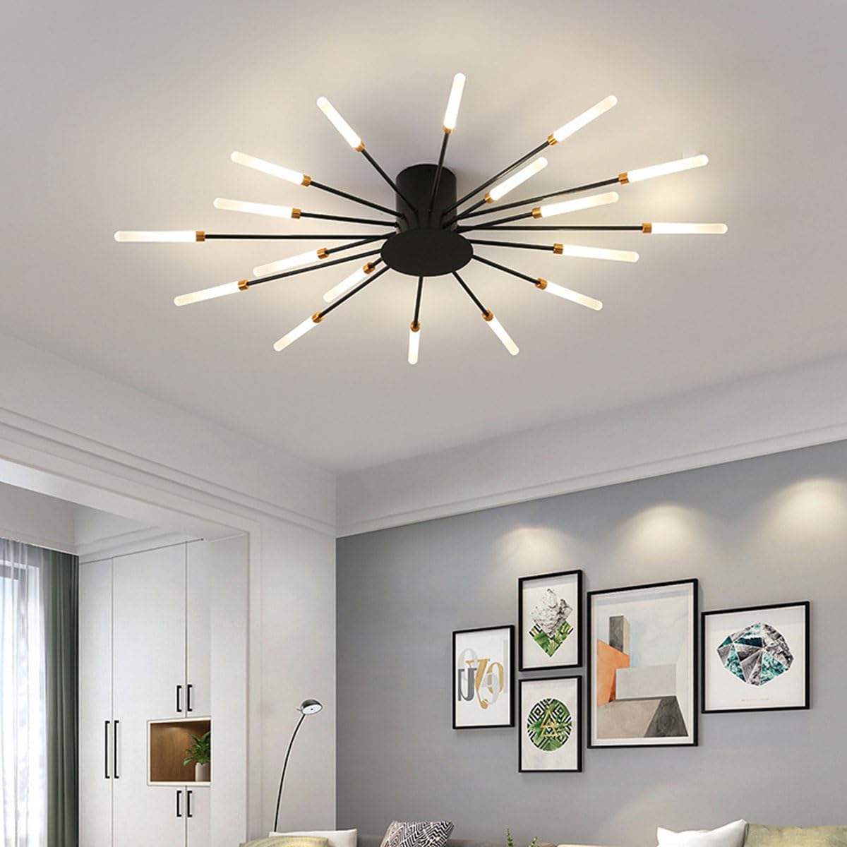KXEcoLife Dimmable Modern LED Ceiling Light Fixture, 18 Heads, Acrylic Shade, 3000-6000K, Ideal for Restaurant, Bedroom, Living Room, Black, Recessed Lighting, Fireworks Design