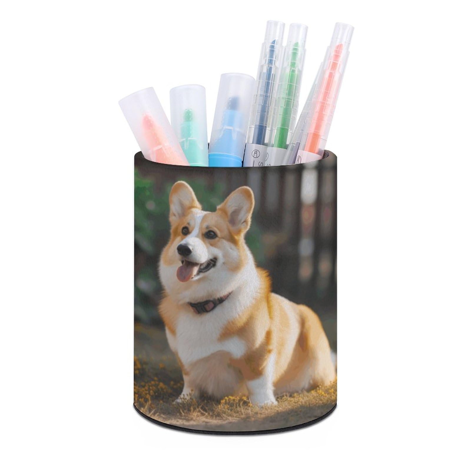 JTREHY Round Pen Holder,Dog Corgi Printed Makeup Brush Storage Box for Home Office Dressing Table