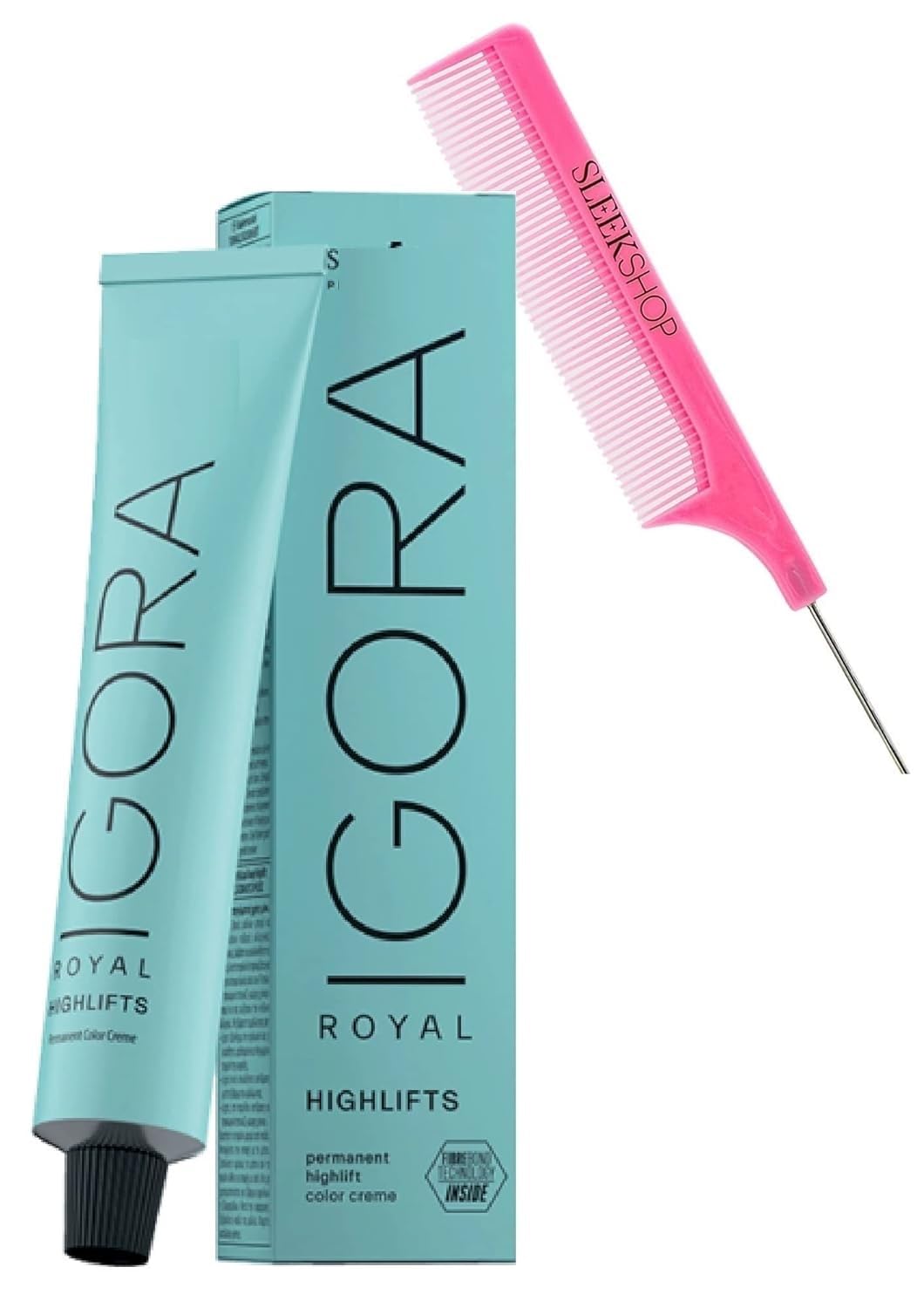 Sleekshop Comb + IGORA ROYAL HIGHLIFTS (12-21) Schwarzkapf Professional PERMANENT HIGH LIFTS Creme Hair Color Dye, 100% Coverage Cream Haircolor (with SLEEKSHOP Argan-Oil Infused PINK Comb)