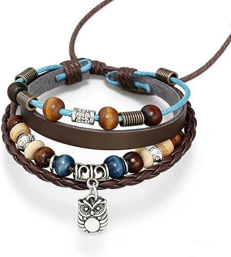 Dmaiy Brown Leather Bracelet Beaded Owl Bracelets Woven Braided Bracelet Animal 