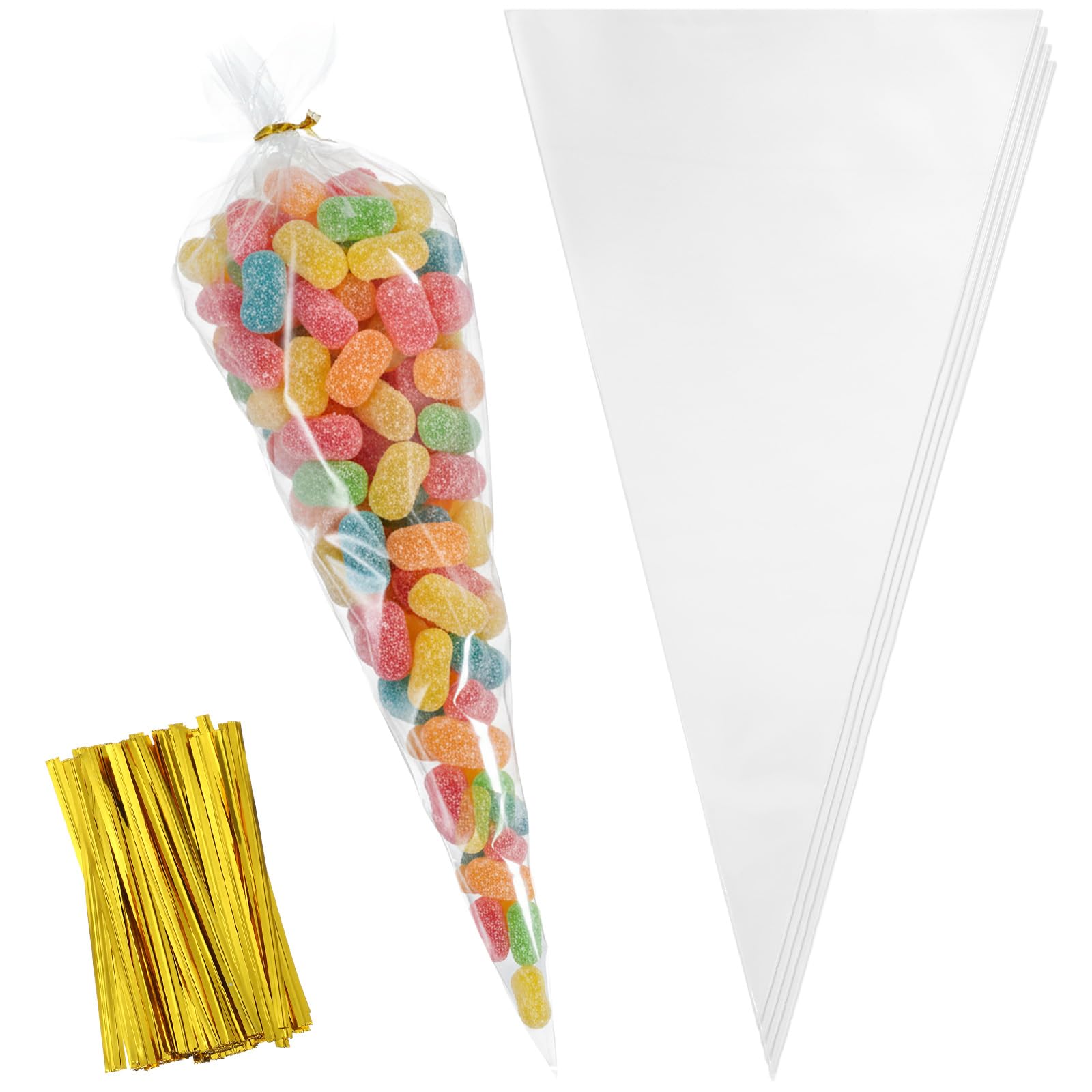 Elegaperma 200pcs Plastic Cones for Sweets,Sweet Cones Bags with Ties,16 x 30 cm Triangle Sweetie Cone Bag for Christmas,Party,Wedding,Candy,Popcorn,Snacks