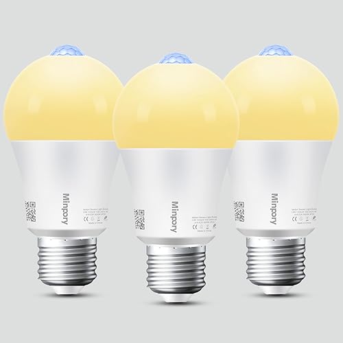 Minpory Paquete de 3 bombillas con sensor de movimiento, 13 W (equivalente a 100 W) 1100 lm activadas por movimiento, bombilla LED de seguridad del