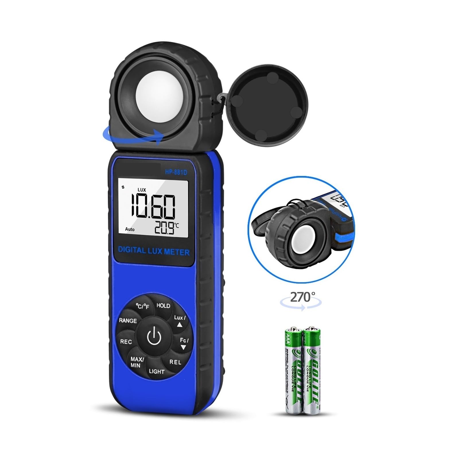 Misuratore di luce, Misuratore di luce portatile for intensità luminosa, luxmetro digitale, precisione ±4%, misurazione 1-400.000 lux, azzeramento automatico, HoldPeak 881D