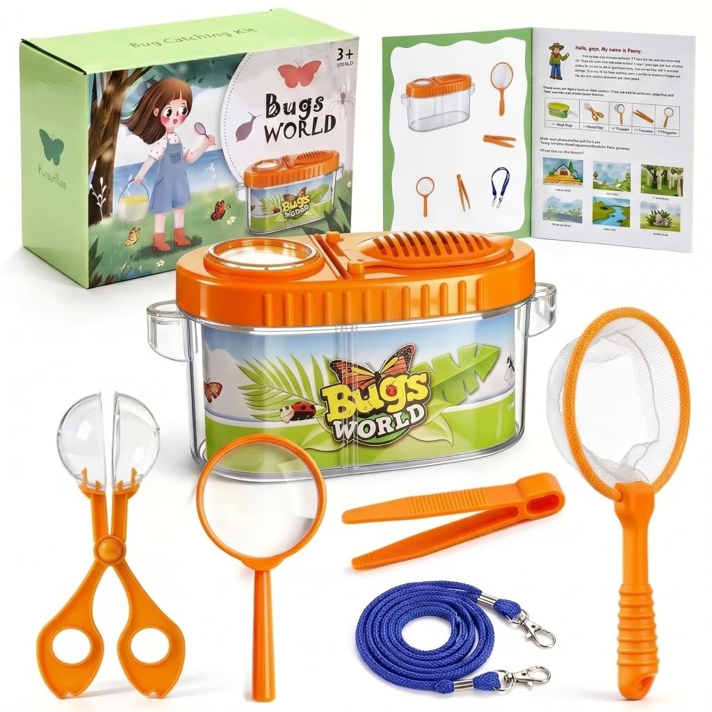 6 Pcs Outdoor Explorer Kit for Kids Insect Catching Kit Kids Toys Adventure Kit with Insect Observation Box Magnifying Glass,Tweezers, Insects Net for Boys Girls Adventure (Orange)