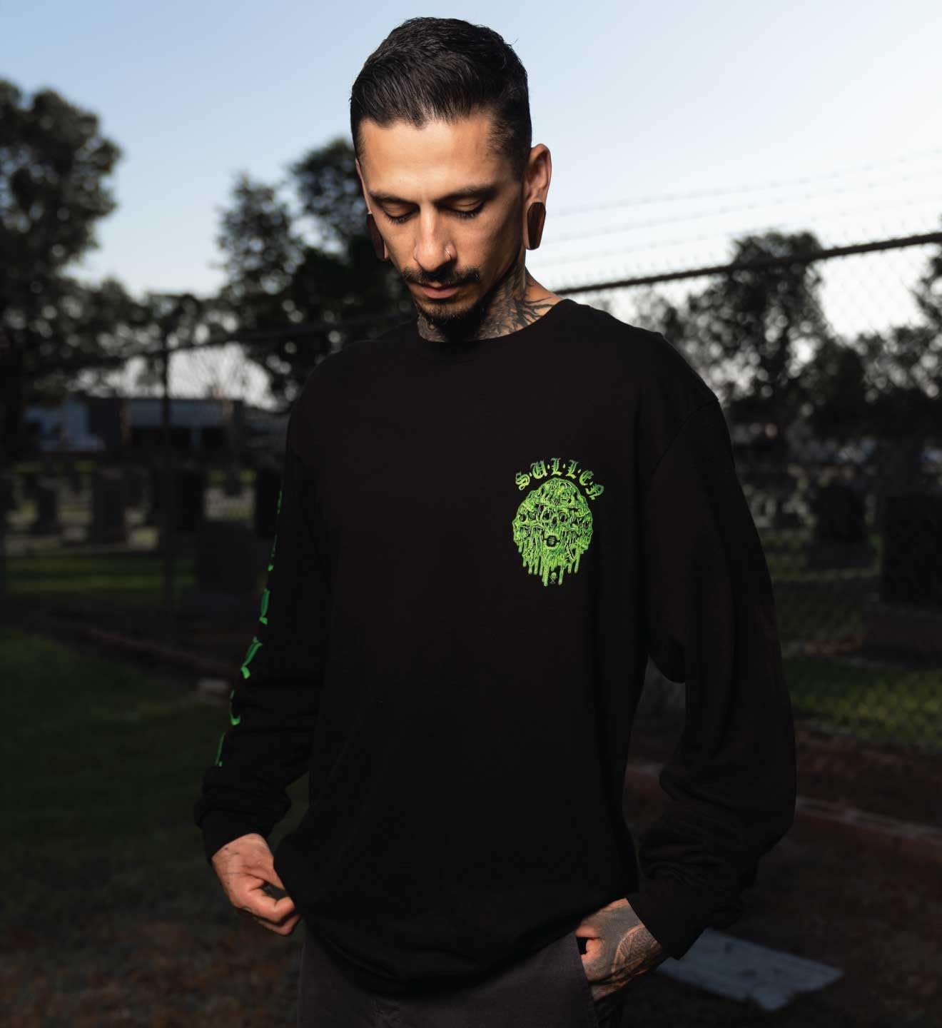 Sullen Men's Melting Skulls Sulleween Capsule Tattoo Lifestyle Graphic Glow in the Dark Premium Long Sleeve Tee Black